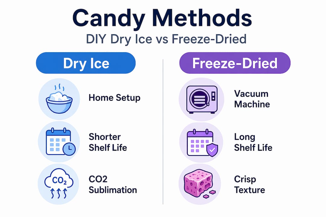 Infographic comparing dry ice and freeze-dried candy