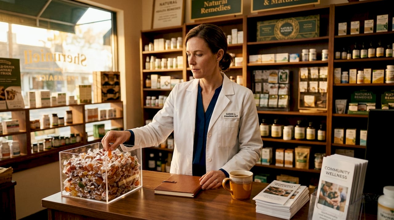 Pharmacist selecting wrapped hard candies behind counter