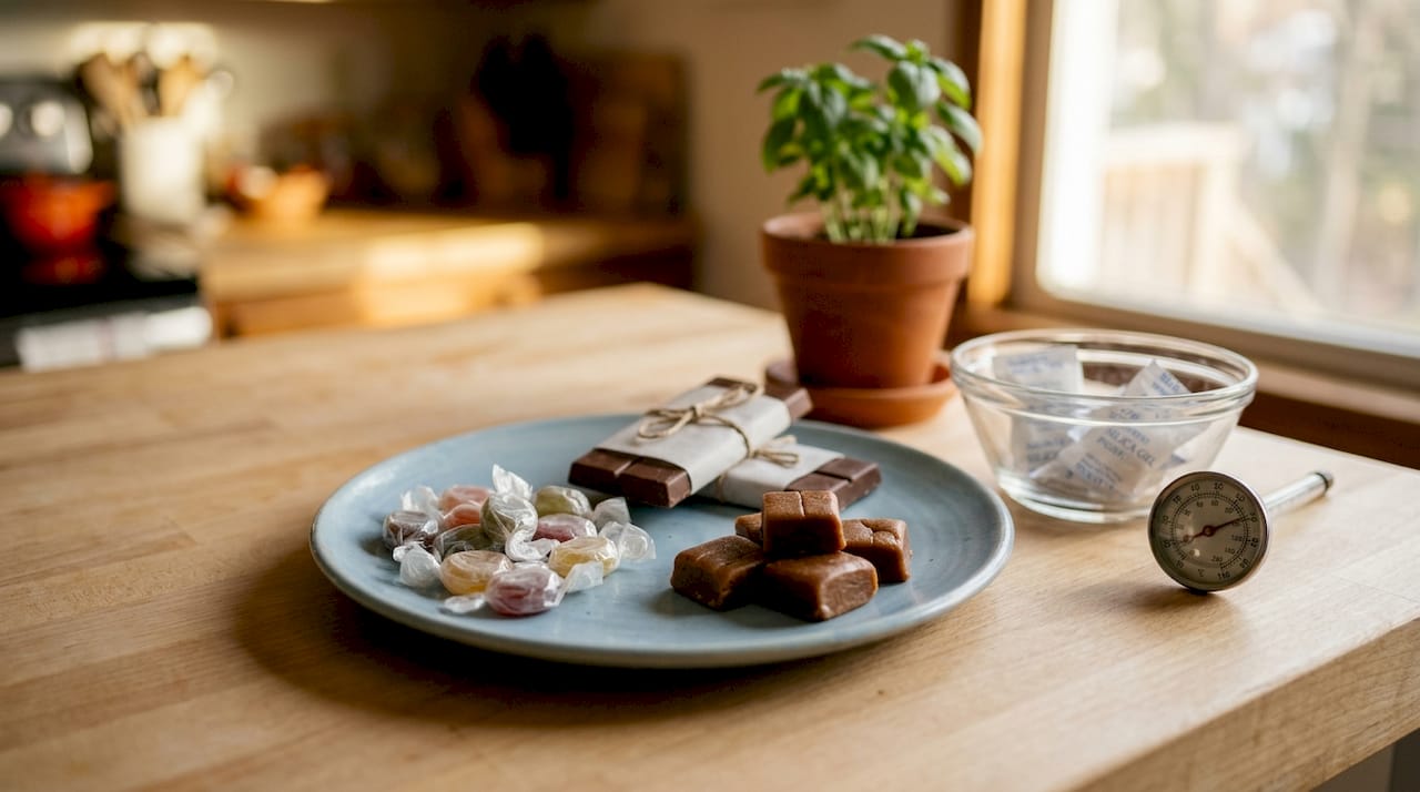 Display of freeze-safe candy types on plate