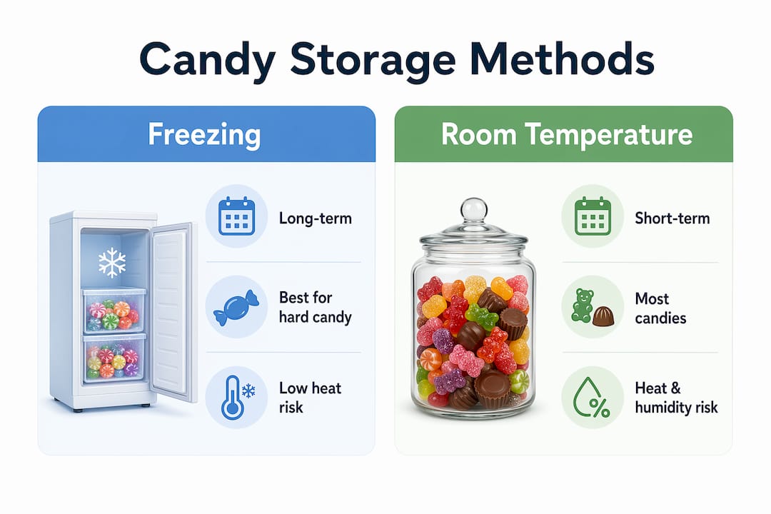 Infographic comparing freezing and room temperature candy storage