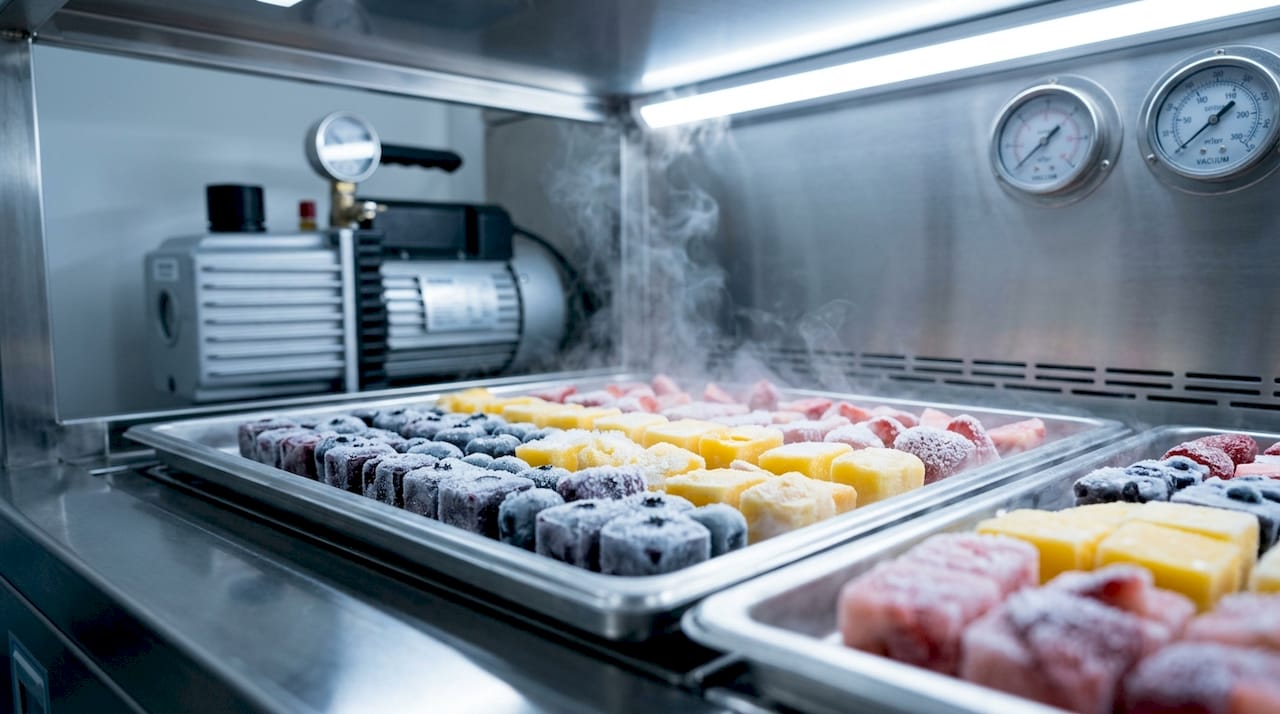 Close-up freeze drying sublimation of frozen fruit cubes