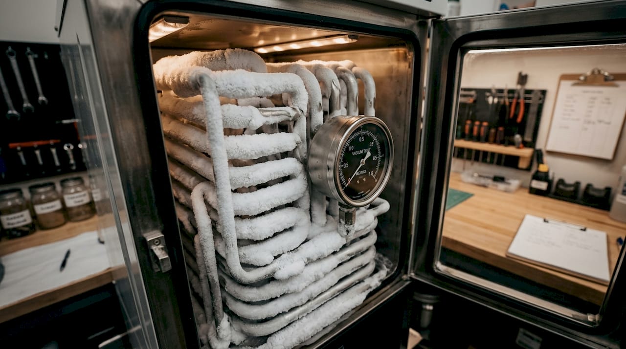 Frozen cold trap and vacuum gauge inside freeze dryer