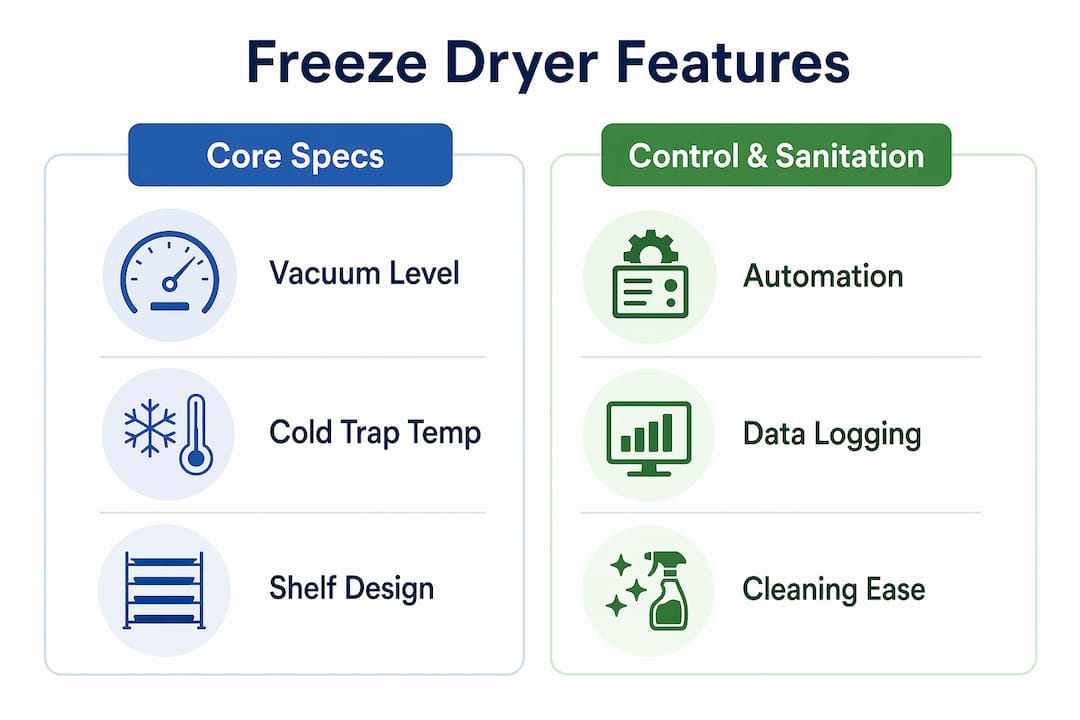 Infographic comparing core specs and control features of freeze dryers