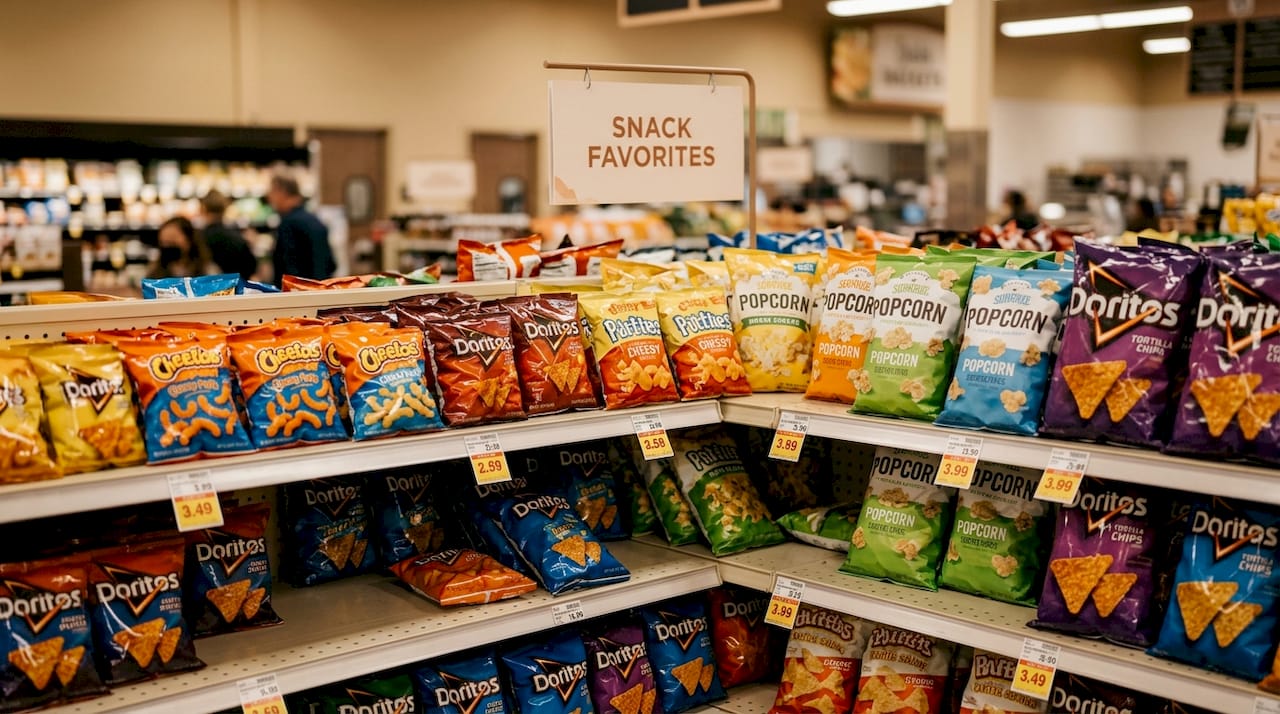 Shelf stocked with corn and cheese snacks