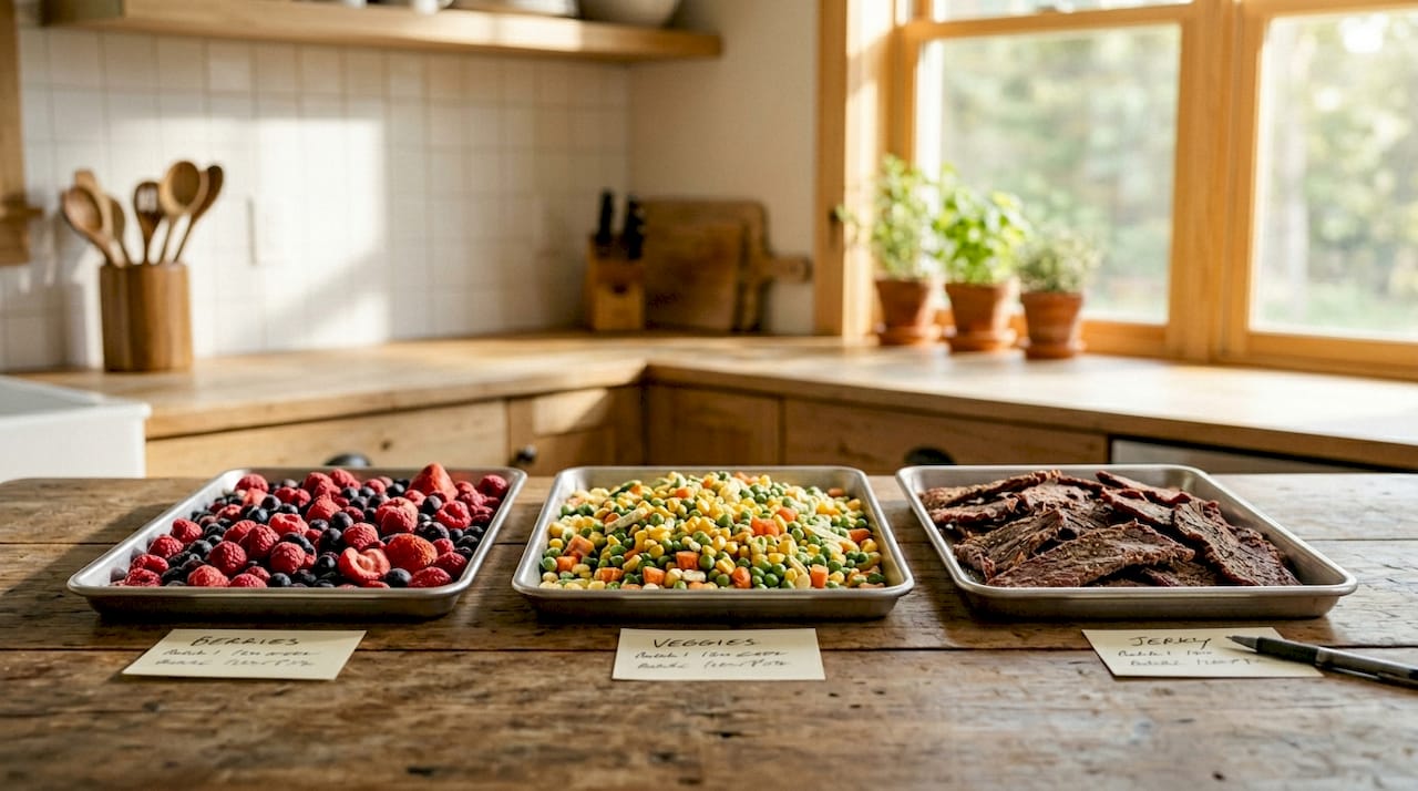 Close-up of freeze dryer trays with foods and labels