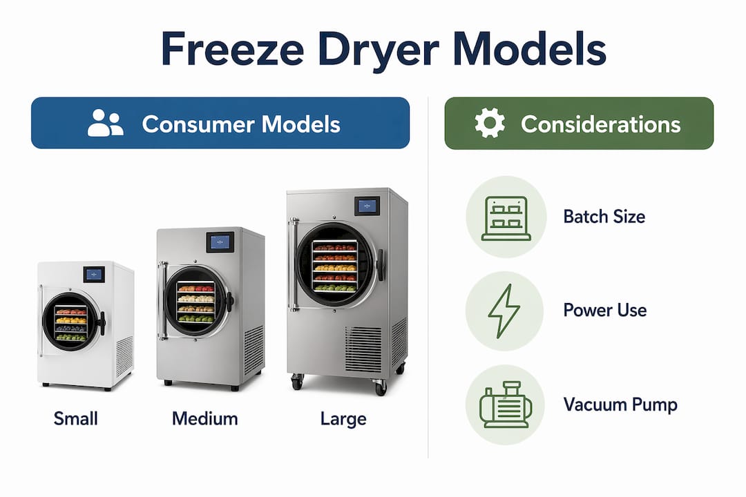 Infographic comparing freeze dryer models and considerations