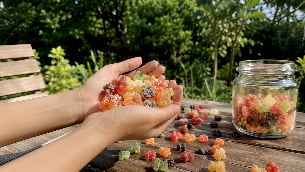 Hands holding puffy freeze-dried gummy bears