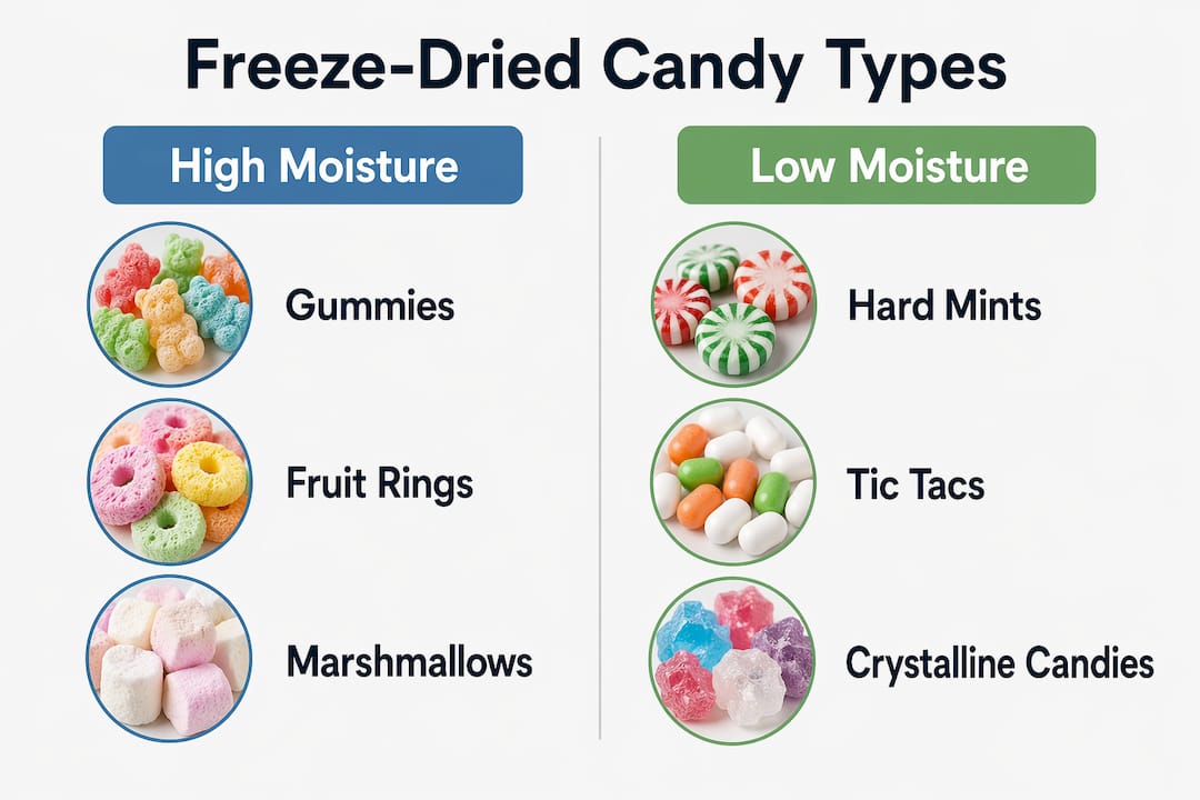 Infographic comparing high and low moisture freeze-dried candies