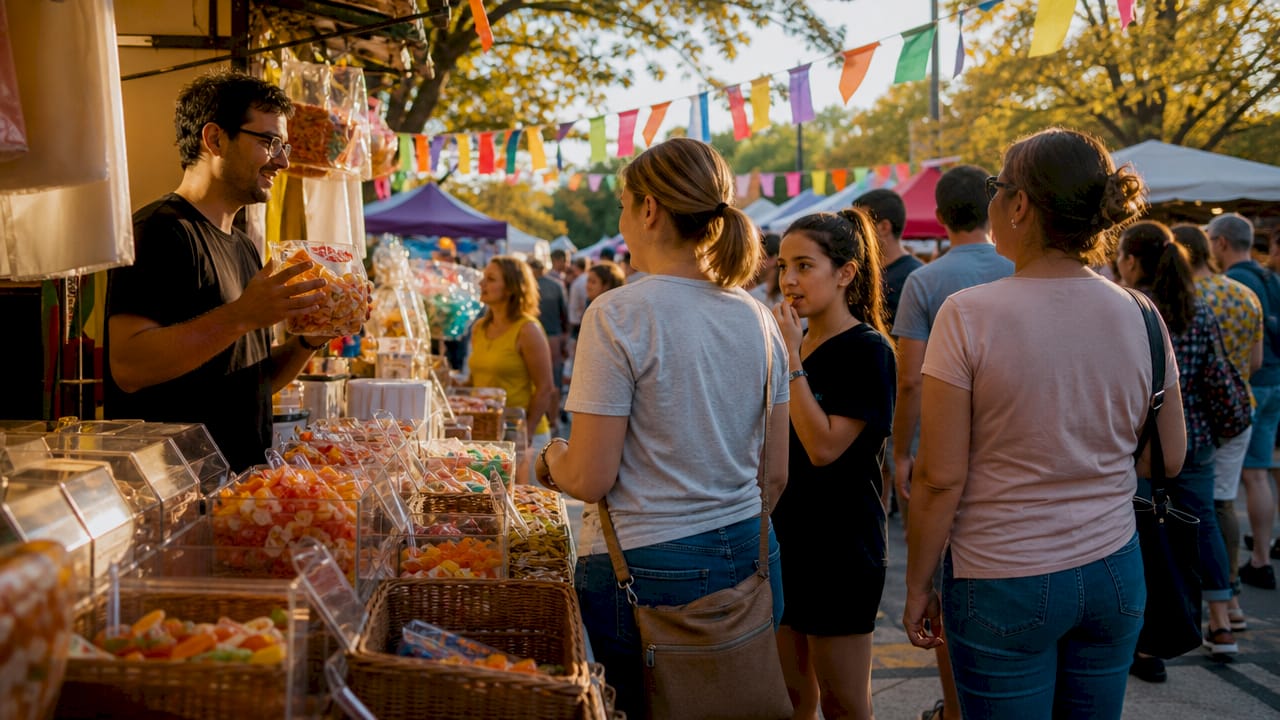 Shoppers near candy displays and store entrance