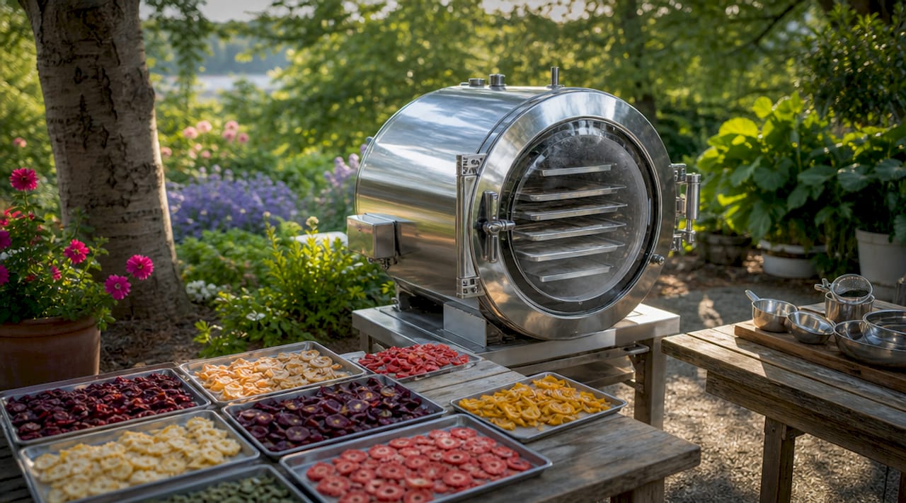 Freeze dryer vacuum chamber loaded with frozen food