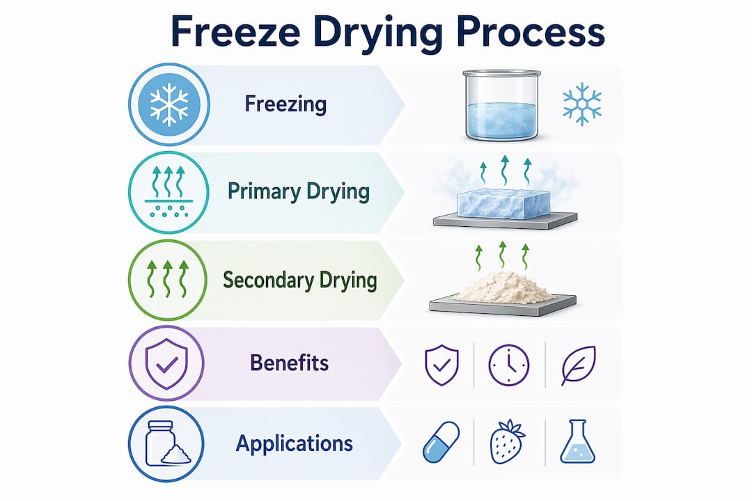 Infographic outlining freeze drying stages and benefits