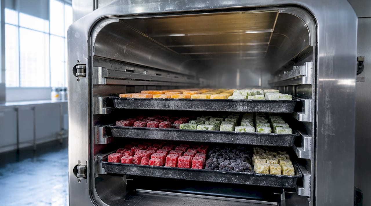 Frozen food in trays inside freeze dryer