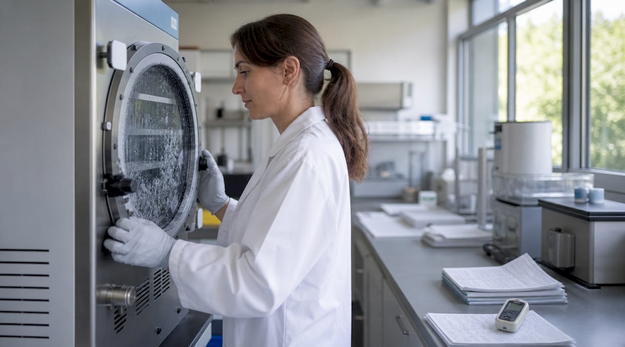 Hands operating freeze-drying machine controls