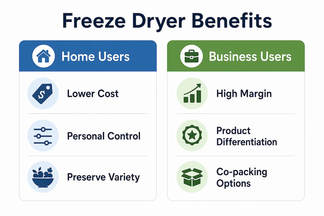 Infographic comparing home and business freeze dryer benefits