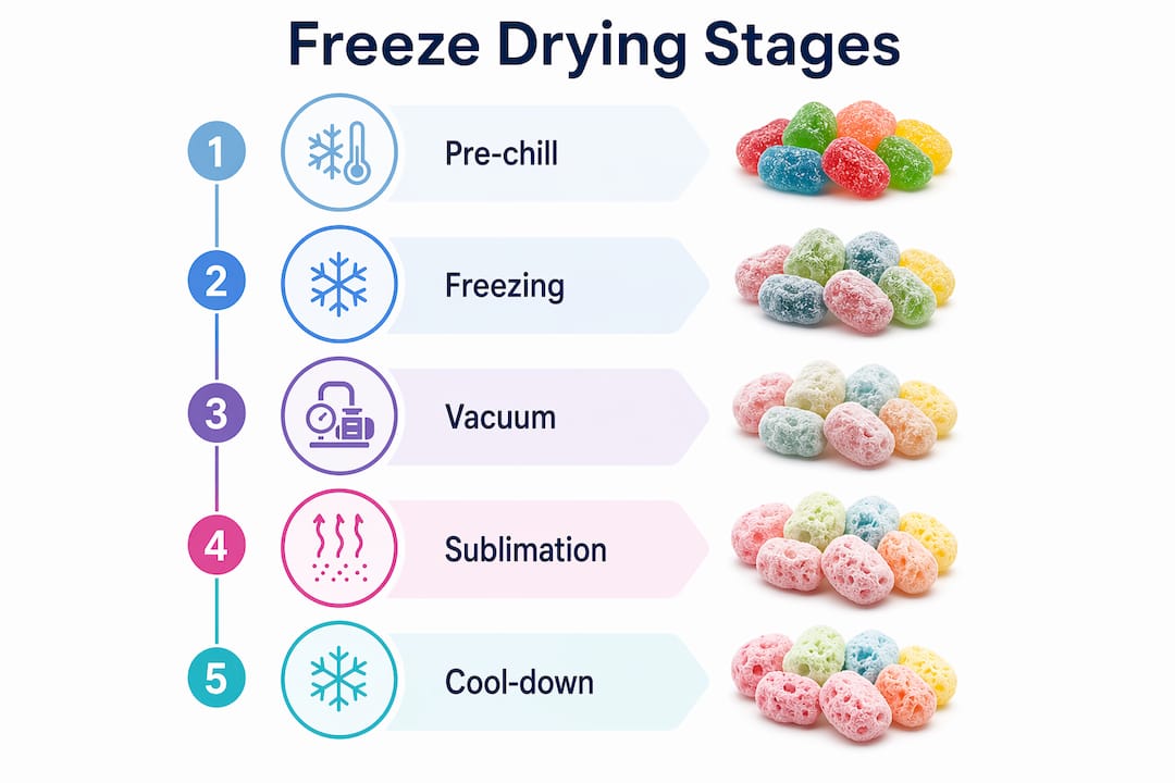 Infographic showing stages of freeze drying Skittles