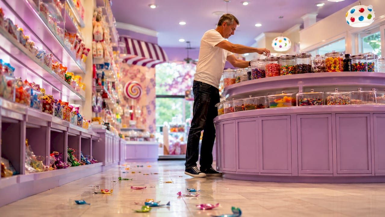 Bright candy store interior with displays and staff