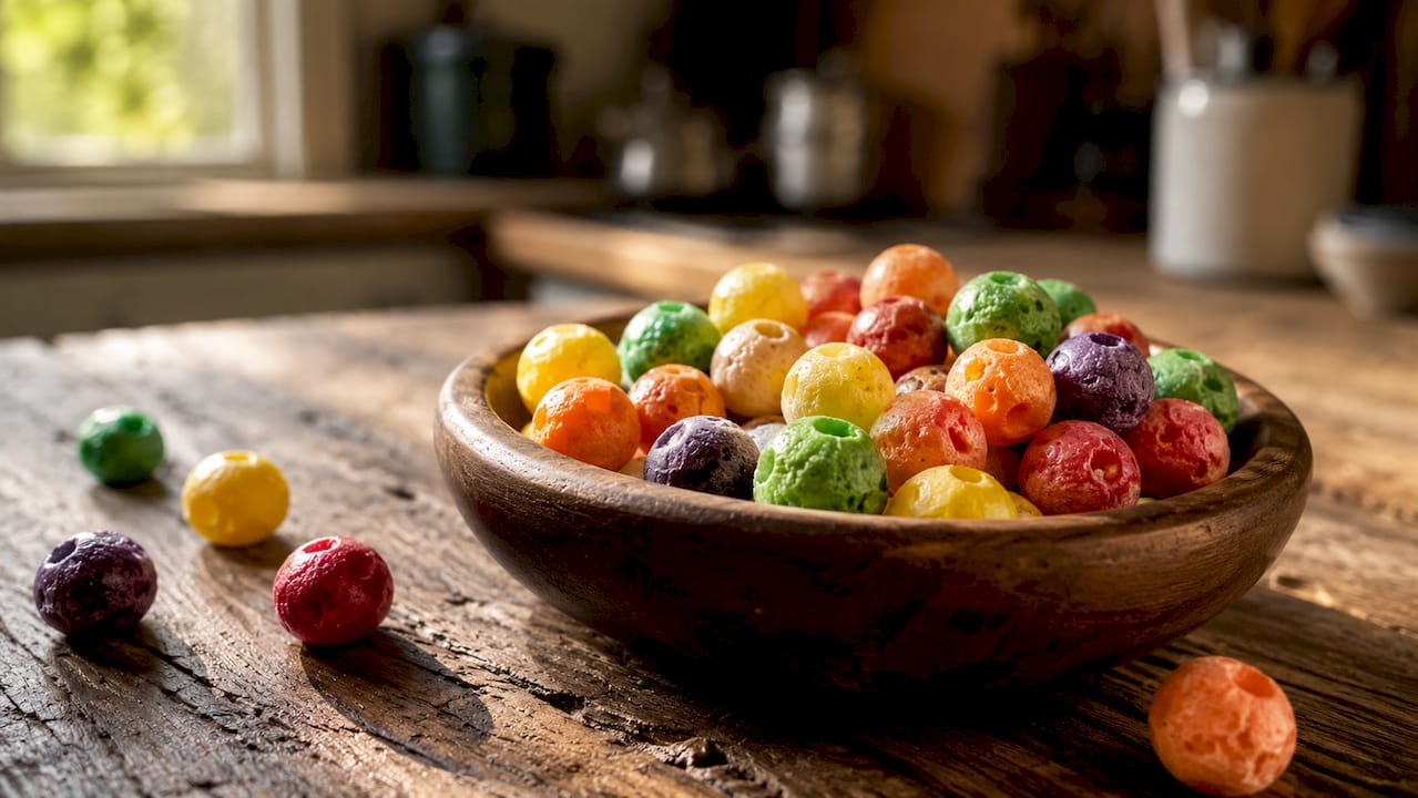 Close-up top view of freeze dried Skittles in bowl