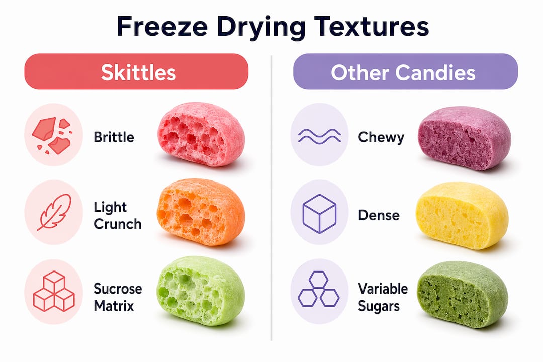 Comparative infographic of freeze dried Skittles versus other candies textures