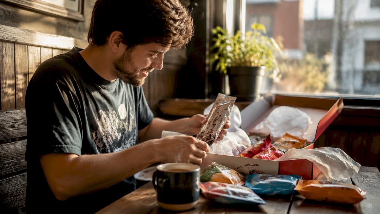 Man unboxing Canadian snack subscription box