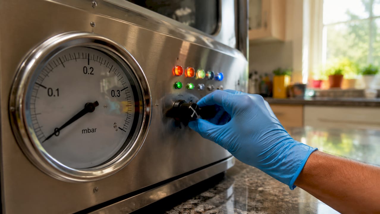 Close-up of freeze dryer vacuum gauge with technician hand