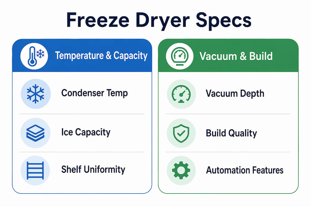 Infographic comparing key freeze dryer specifications