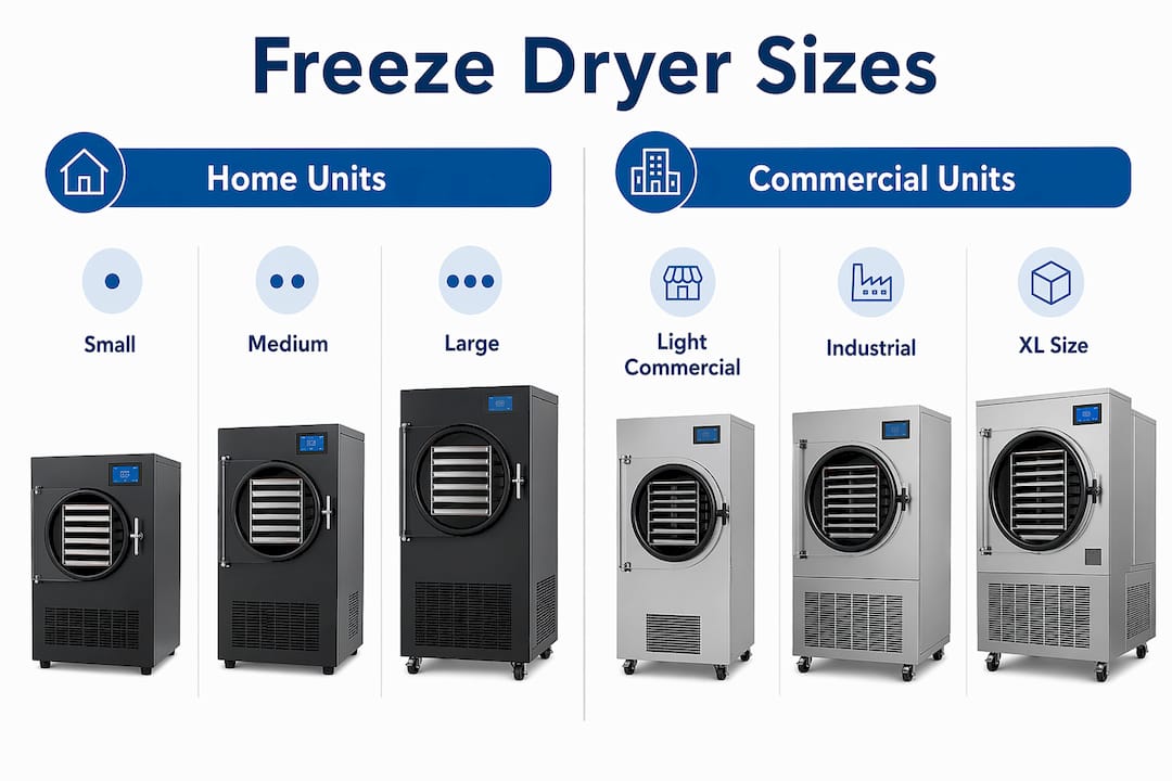 Infographic comparing home and commercial freeze dryer sizes