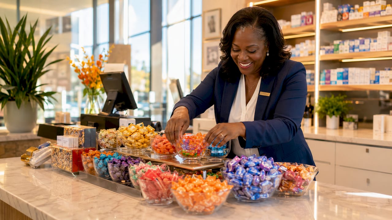 Pharmacy manager arranging candy at prescription window