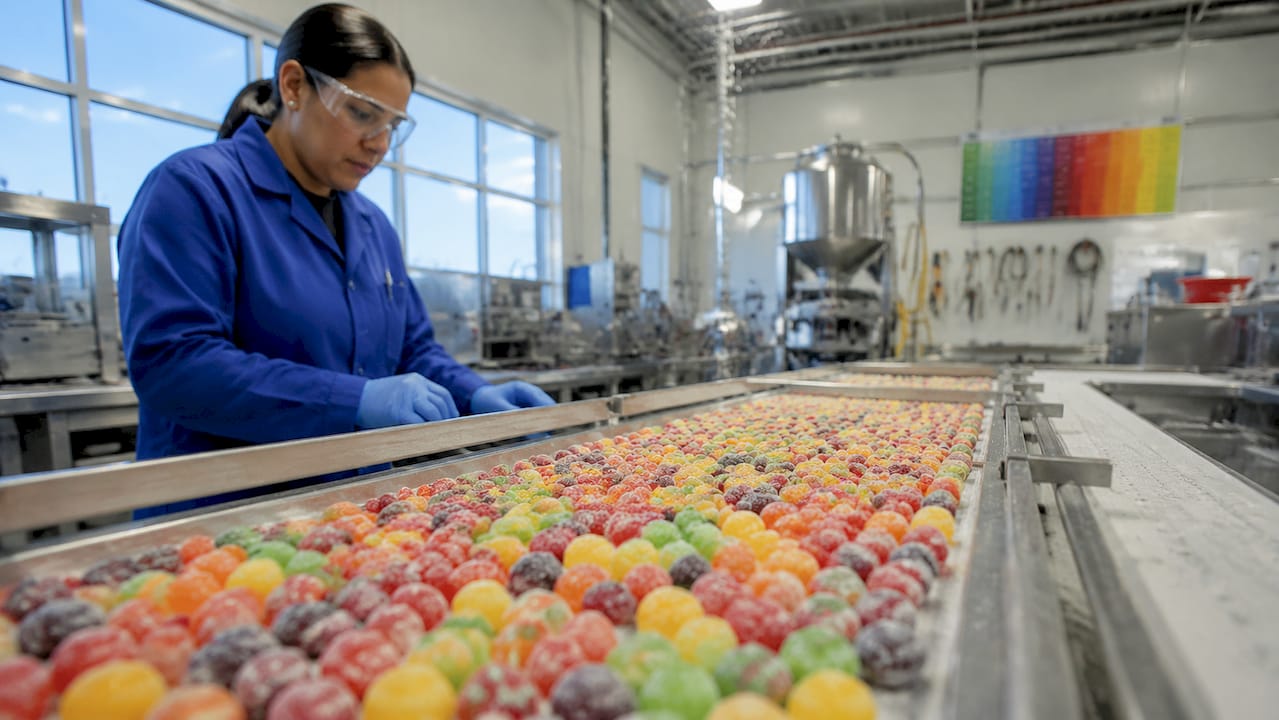 Technician inspecting freeze-drying candy trays