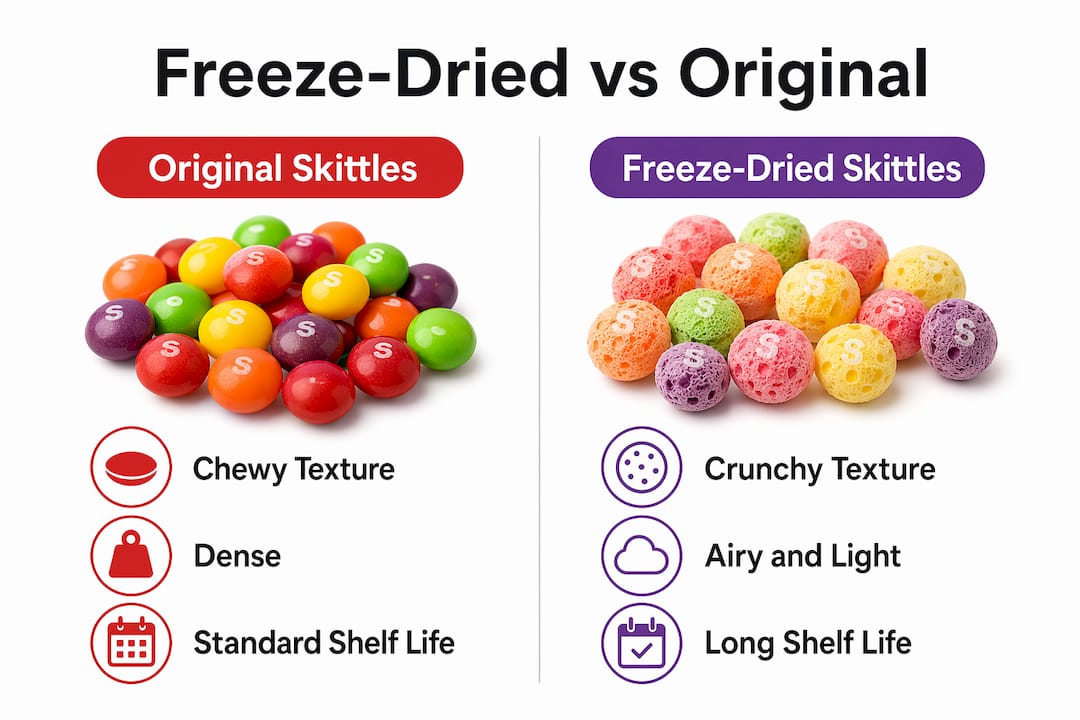 Infographic comparing freeze-dried Skittles and original Skittles