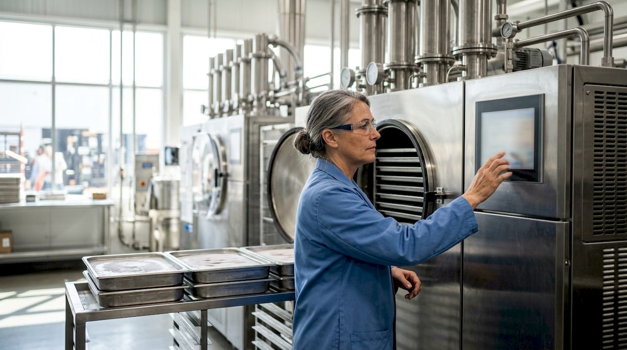 Hands controlling freeze-dryer touchpanel in food plant