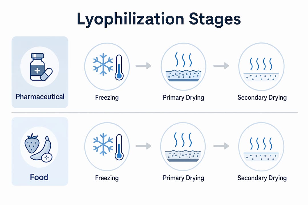Infographic comparing lyophilization stages for pharma and food