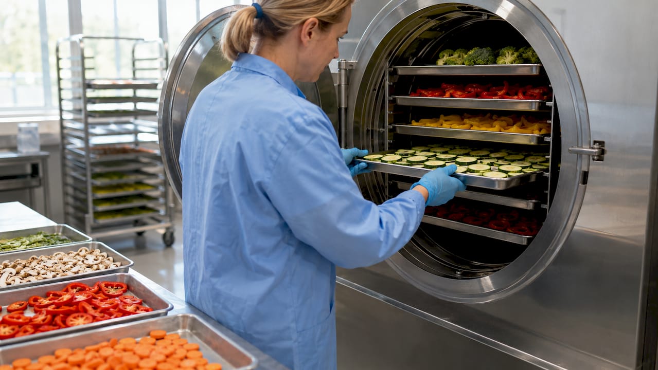 Hands loading freeze dryer trays with fresh fruit
