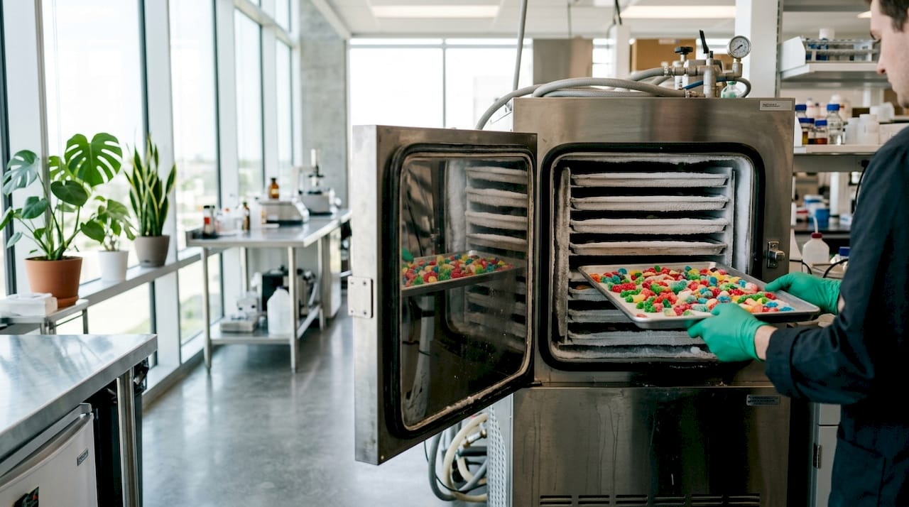 Freeze dryer chamber with candy inside and gloved hands