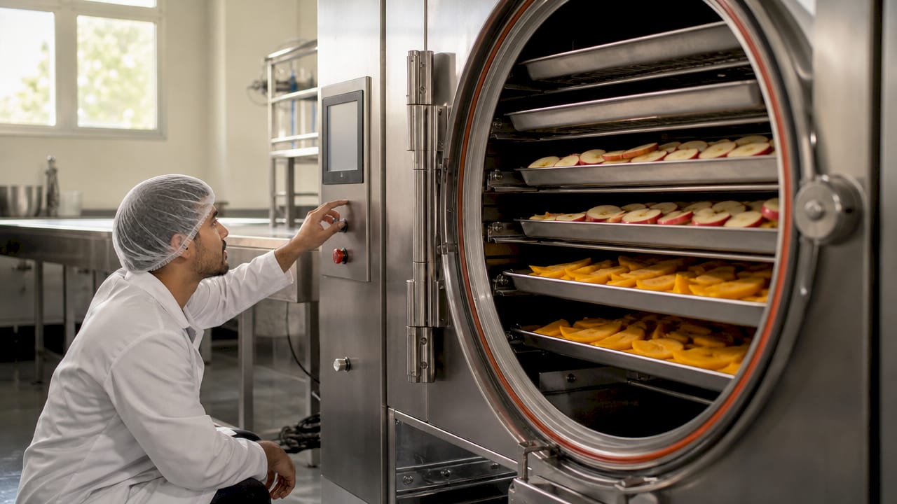 Technician working with freeze drying vacuum chamber