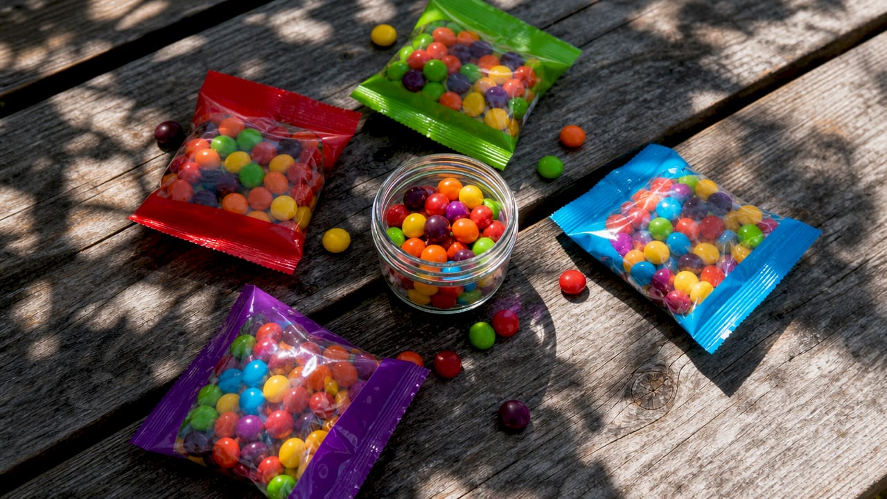 Assorted Skittles flavor packets on plain table