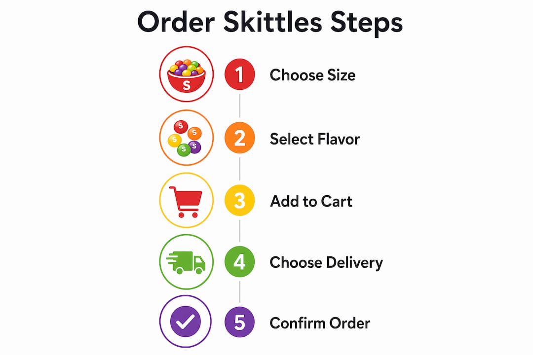 Infographic displaying steps for ordering Skittles online