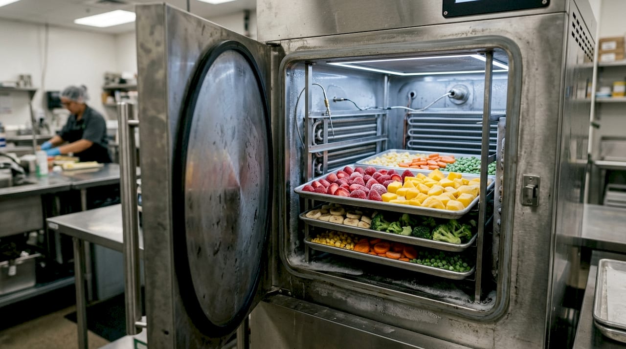 Inside freeze drying machine with frozen food trays