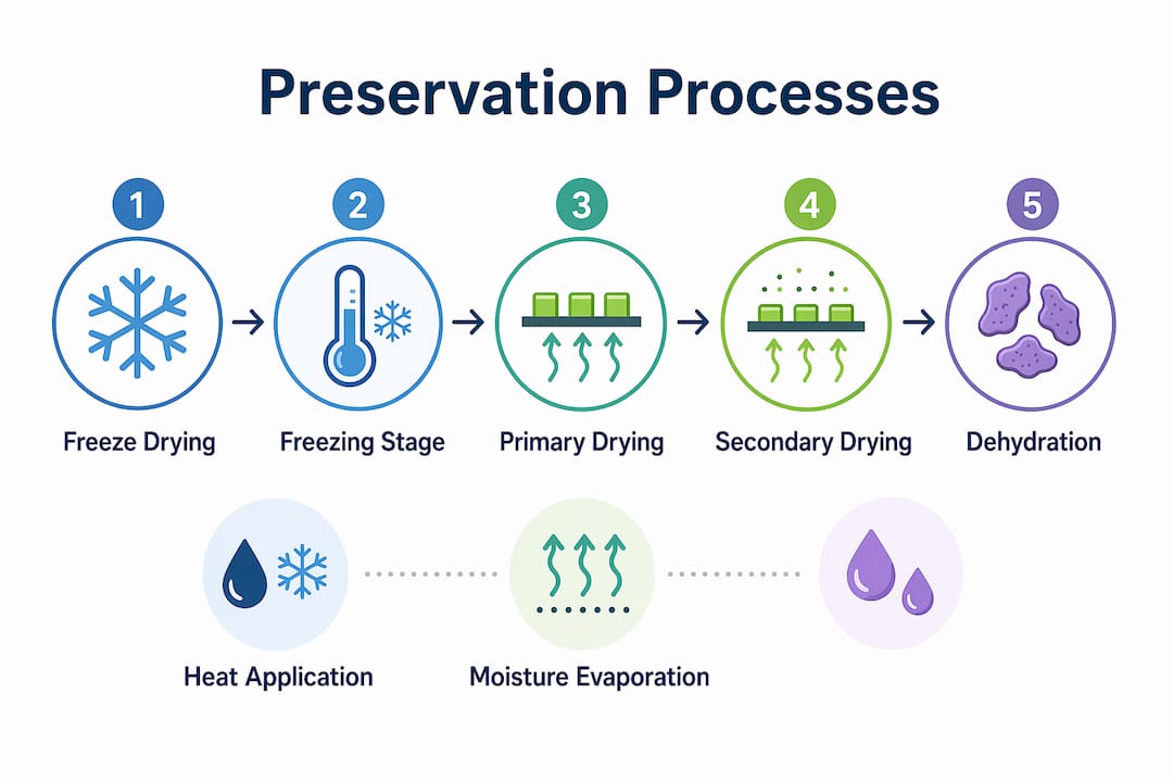 Infographic comparing freeze drying and dehydration steps