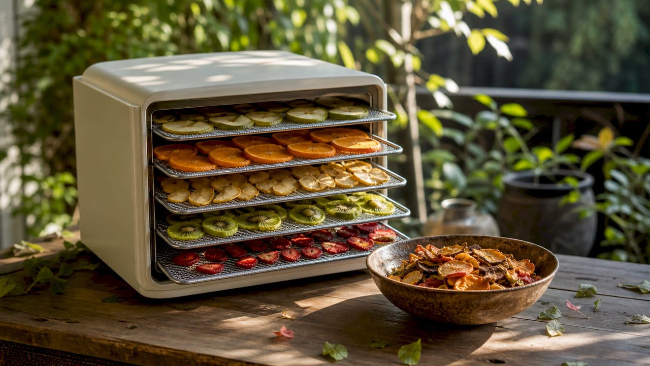 Food dehydrator with trays of drying fruit