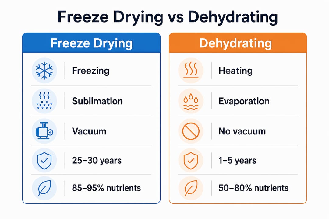 Infographic comparing freeze drying and dehydrating