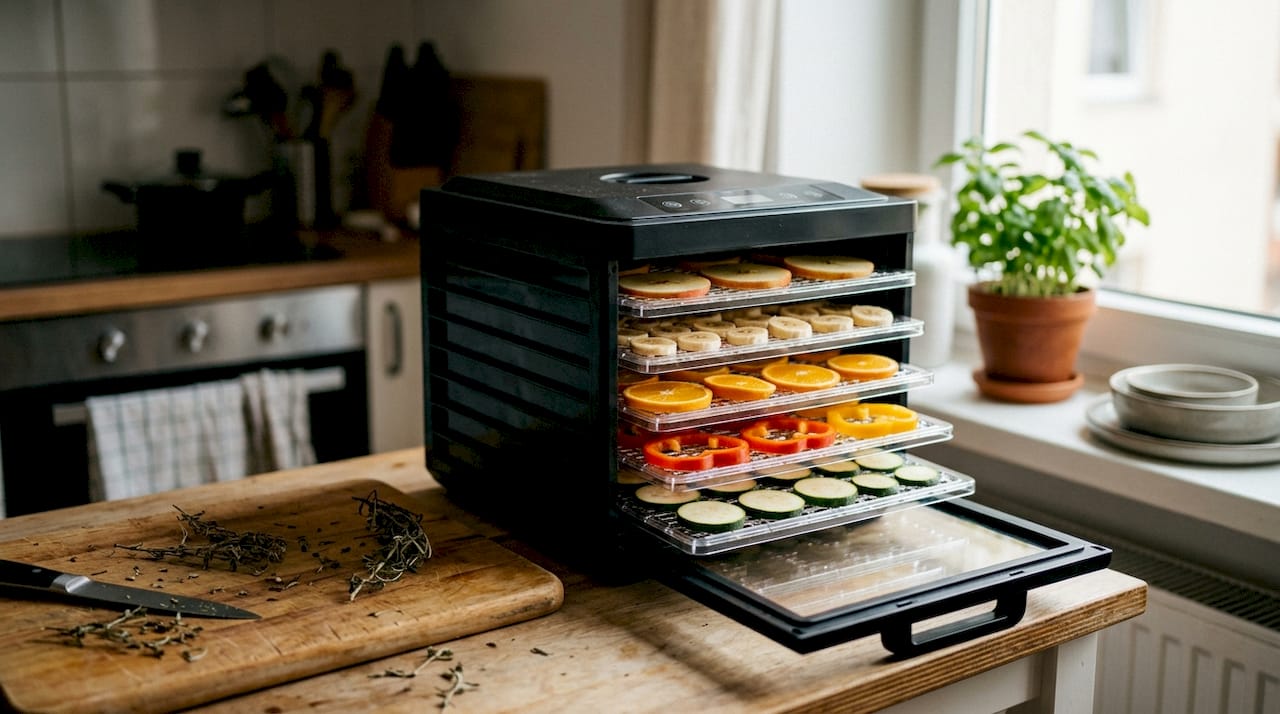 Side view food dehydrator with drying foods
