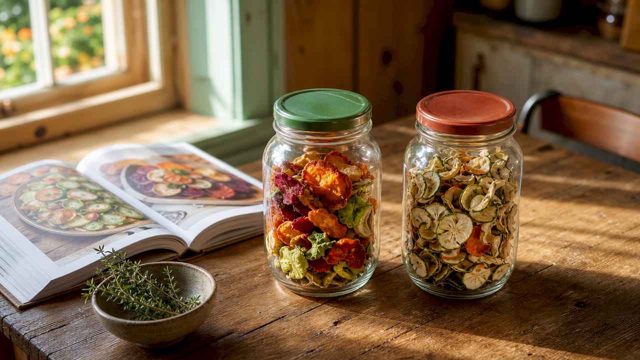 Side view of jars comparing dehydrated and freeze dried vegetables