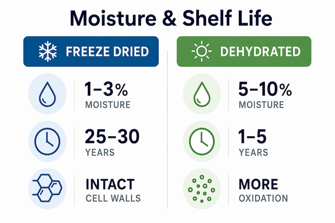 Infographic comparing moisture content and shelf life of dehydrated and freeze dried foods