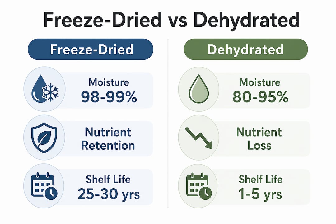 Infographic comparing freeze-dried and dehydrated food key features