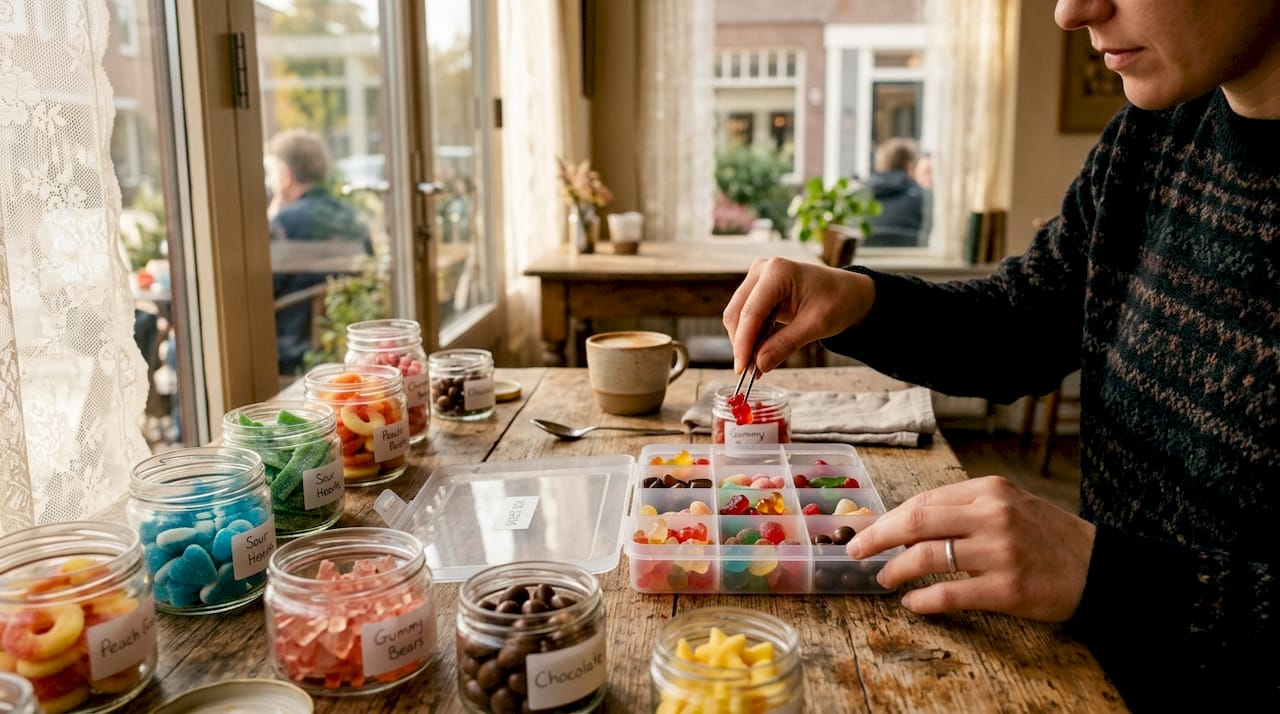 Hands customizing Sugarfina candy box