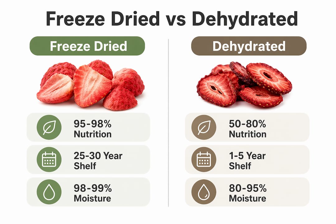 Infographic comparing freeze dried and dehydrated foods nutrition and shelf life