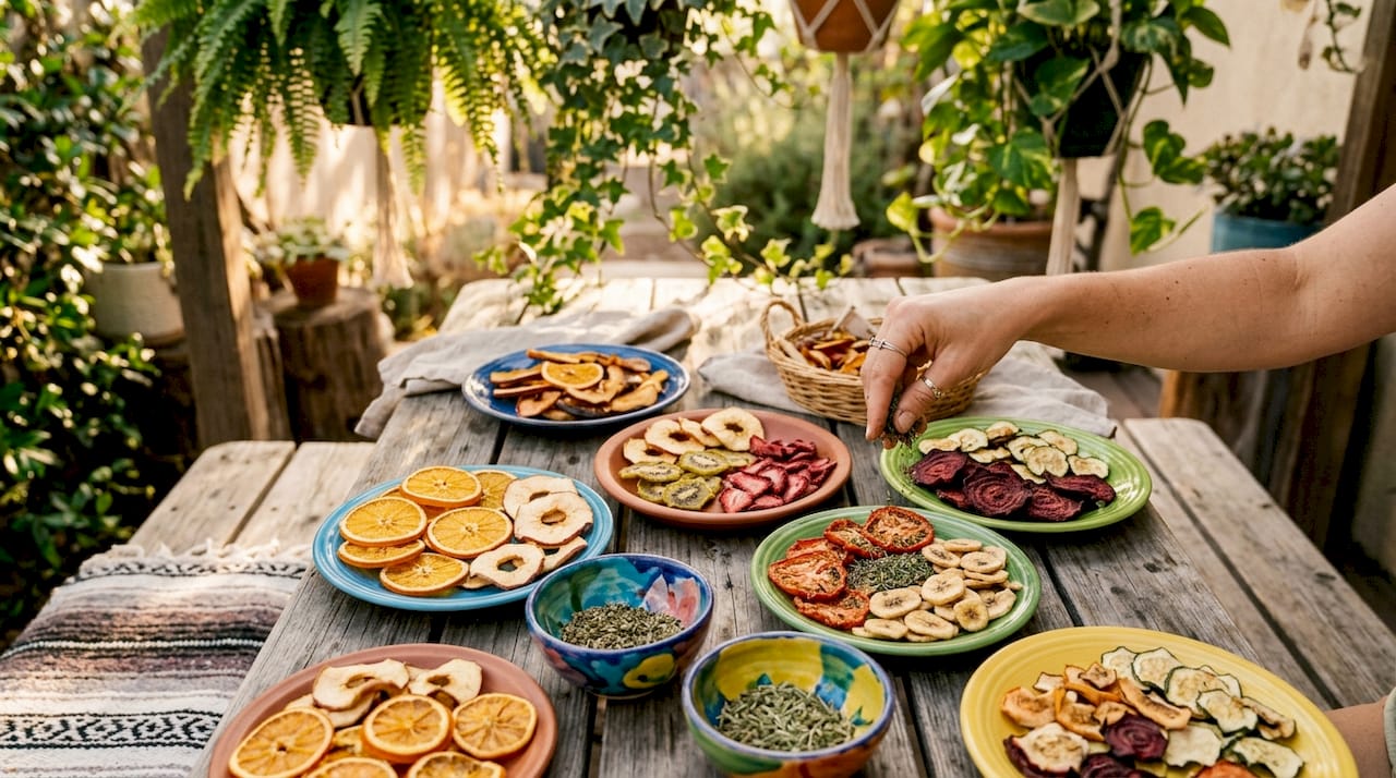 Dehydrated fruit and vegetable slices on slate trays