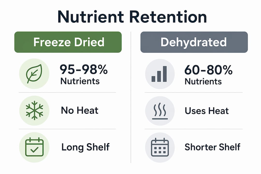 Infographic showing nutrient retention comparison between freeze dried and dehydrated foods