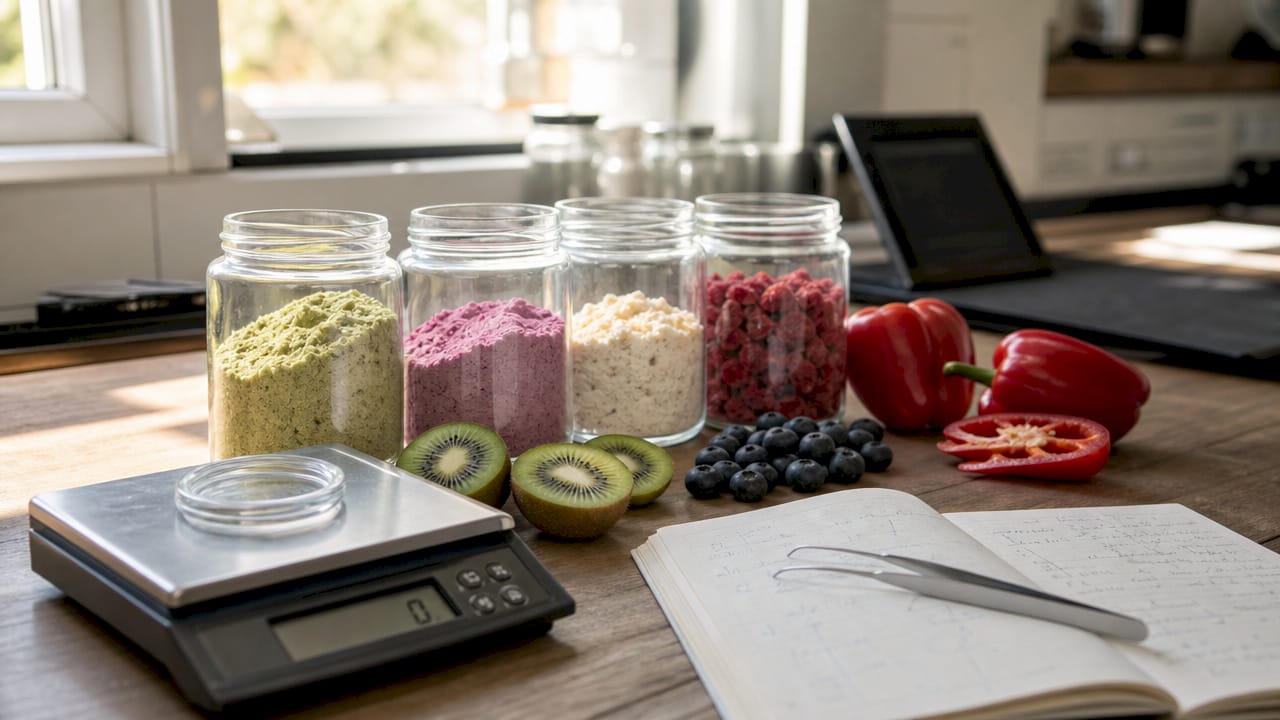 Laboratory scene comparing freeze dried powder and fresh fruit