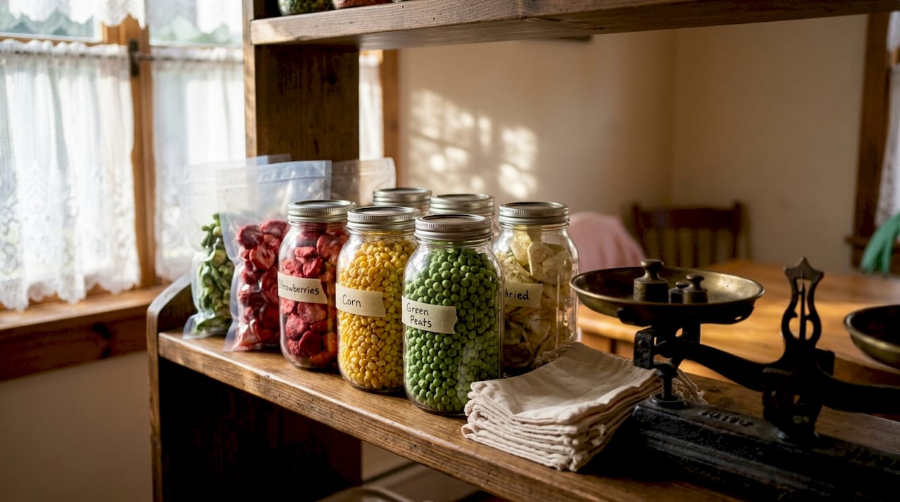 Freeze dried foods stored on pantry shelf